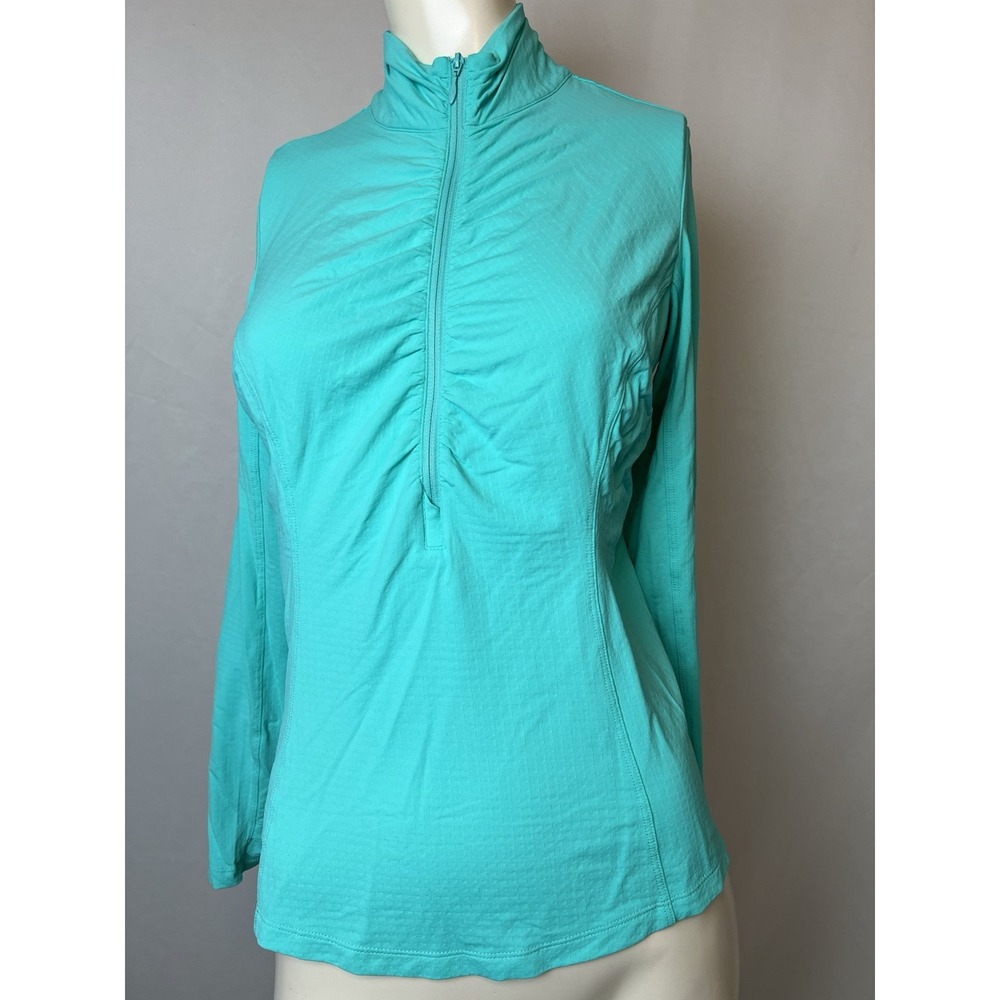 IBKUL Women's Ruched 1/4 Zip Long Sleeve Mock Neck Shirt Green Thumbholes XS